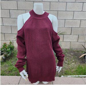 Guess Cold Shoulder Long Sleeve Waffle Knit Sweater Top Burgundy Size M